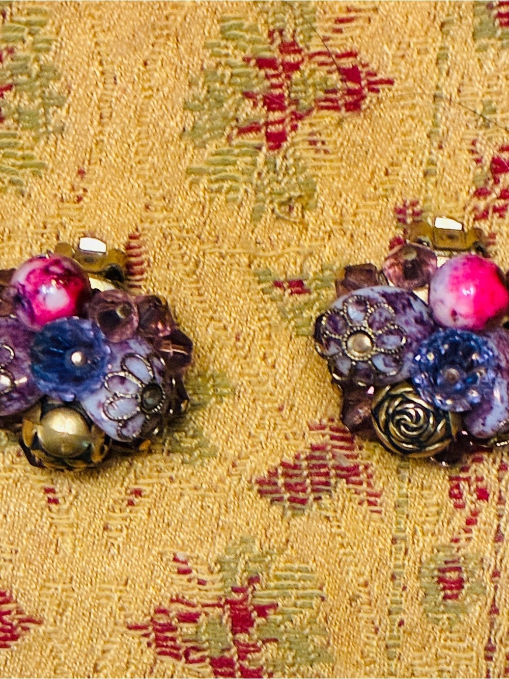 Vintage-Inspired Purple and Pink Floral Cluster Clip-On Earrings